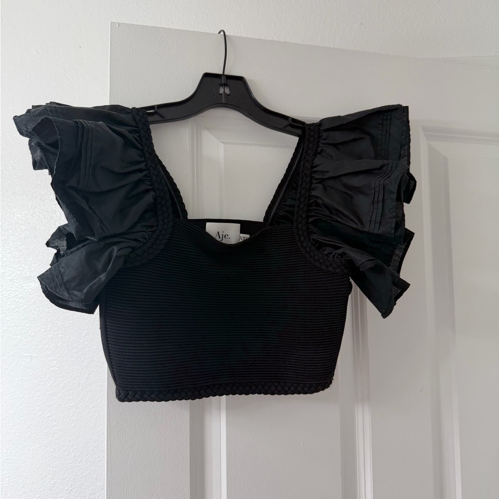 Aje Black Ruffled Crop Top
